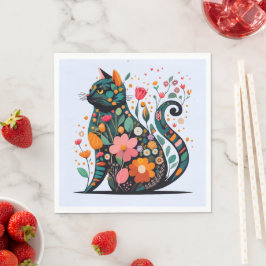 Guardanapo De Papel Silhueta de gato preto feita de flores coloridas