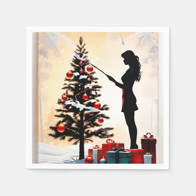 Guardanapo De Papel Silhueta feminina com árvore de Natal decorada (Frente)