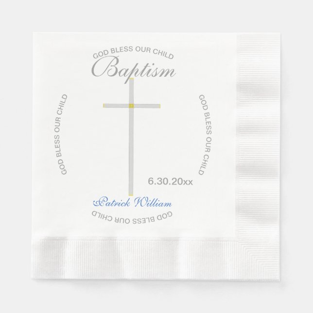 Guardanapo De Papel Silver Cross Boy Baptism Blue (Frente)