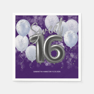 Guardanapo De Papel Silver Foil Sweet 16 Bday Balloons Party Purple
