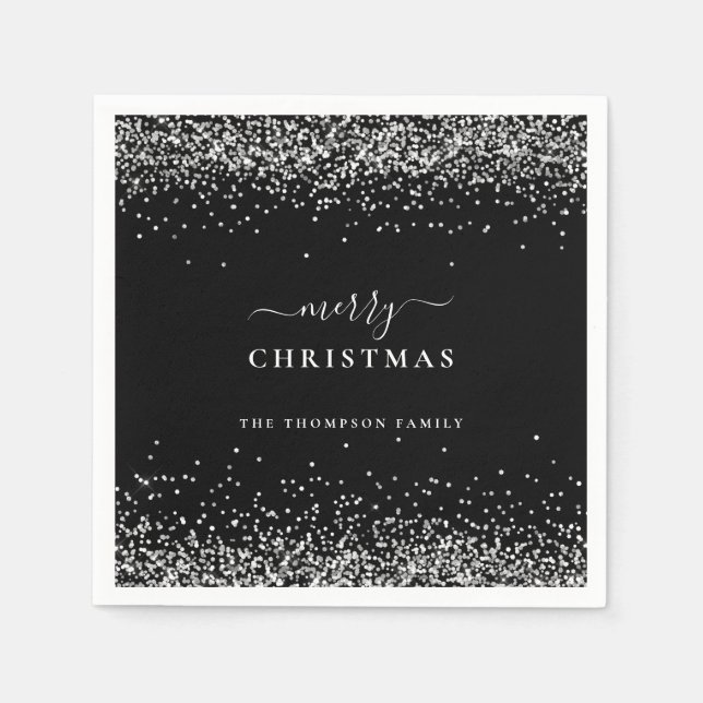 Guardanapo De Papel Silver Glitter Name Black Merry Christmas (Frente)
