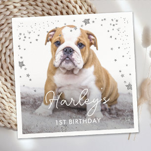 Guardanapo De Papel Silver Glitter Stars Foto Personalizada Cão-De-Pé
