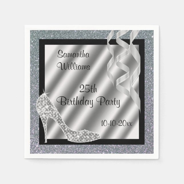 Guardanapo De Papel Silver Glittery Stiletto & Streamers 25 Birthday (Frente)
