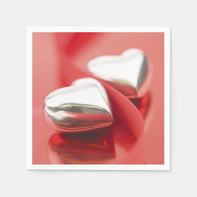 Guardanapo De Papel Silver Hearts Red Ribbons Napkins (Frente)