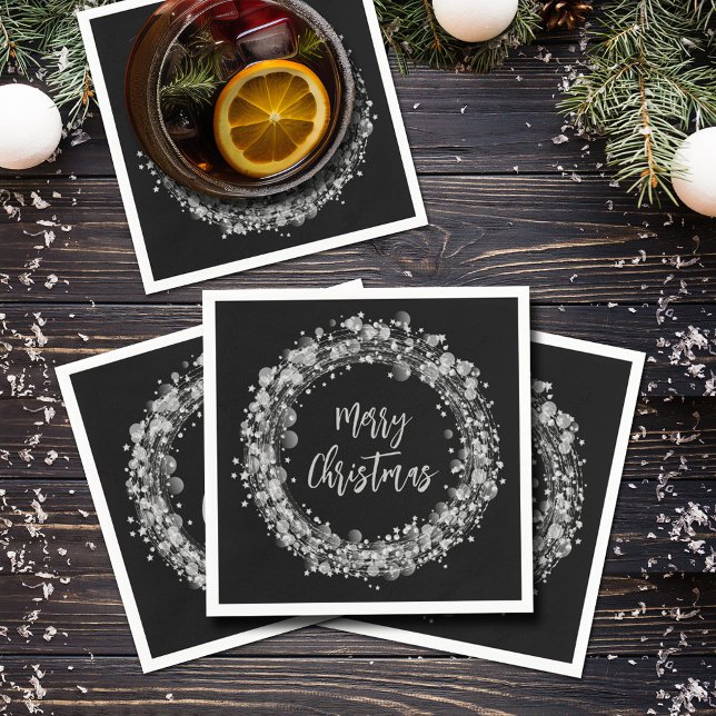 Guardanapo De Papel Silver Stars Feliz Natal (Silver Stars Merry Christmas on Black Napkins)