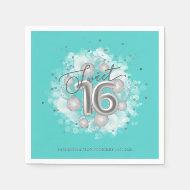 Guardanapo De Papel Silver Sweet 16 Birthday Balloons Party Teal (Frente)