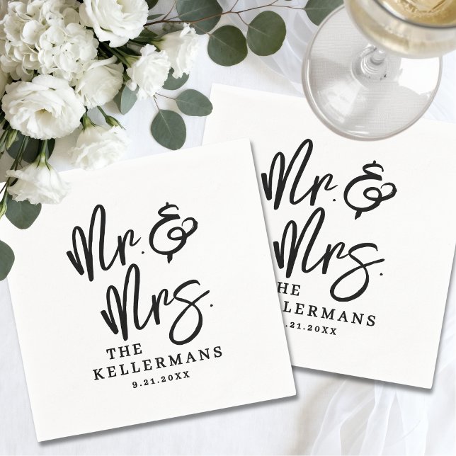 Guardanapo De Papel Simple Black White Script Wedding (Simple Black White Script Wedding Napkins)