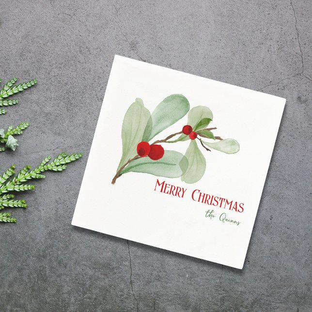 Guardanapo De Papel Simples Aquarela Verde Feliz Natal (Simple Watercolor Greenery Merry Christmas Napkins)