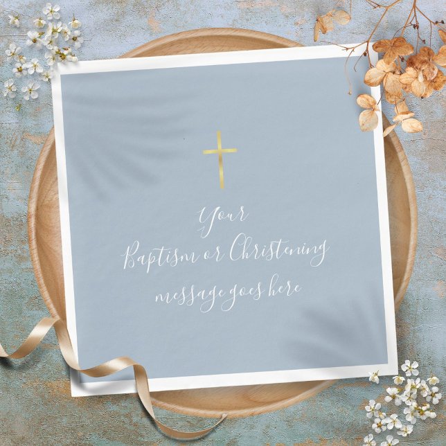 Guardanapo De Papel Simples Batismo Dourado Cruzado Christening Dusty  (Simple Gold Cross Baptism Christening Dusty Blue Napkins)