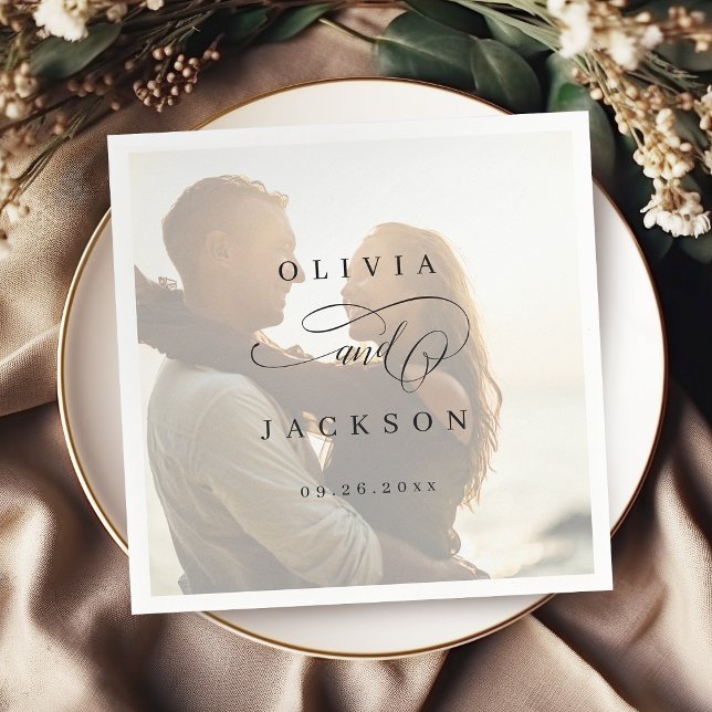 Guardanapo De Papel Simples e elegante casamento com fotos de roteiro  (Simple elegant romantic script photo wedding napkins)