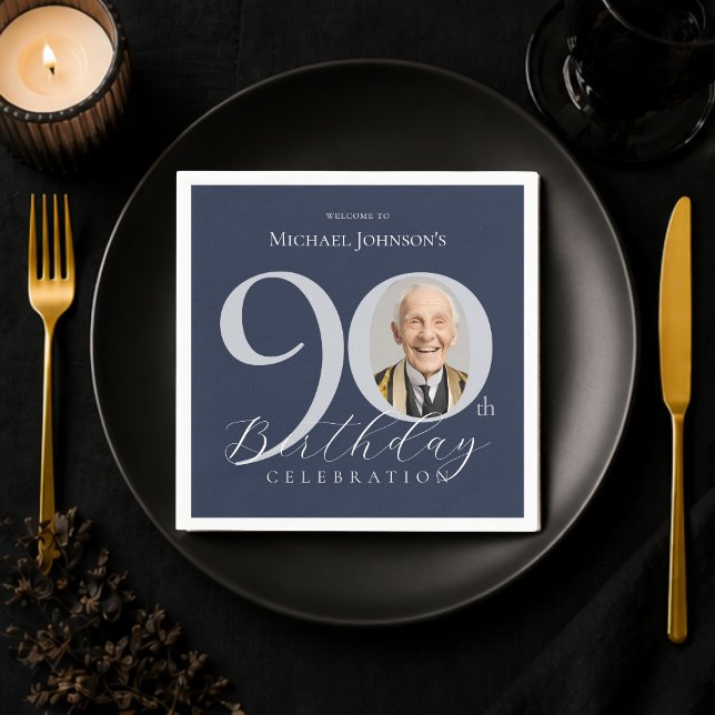 Guardanapo De Papel Simples Foto Prateada em Azul Marinho para 90º Ani (Simple Navy Blue Silver Photo 90th Birthday Napkins)