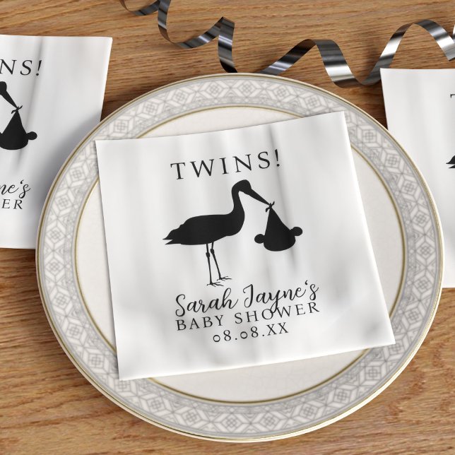 Guardanapo De Papel Simples Gêmeos de Tempos Chá de fraldas Napkins Br (Twins! Choose the color of your baby shower napkins or keep the classic black stork with white.)