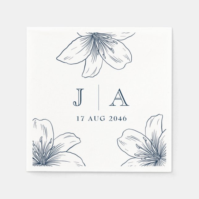 Guardanapo De Papel Simples Marinho  Azul Flor Chic Casamento Napkin (Frente)