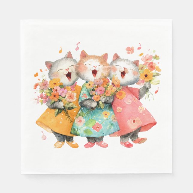 Guardanapo De Papel Singing Cats Holding Bouquets (Frente)
