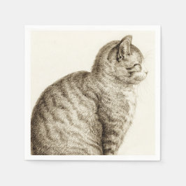 Guardanapo De Papel Sitting cat vintage sepia pencil drawing