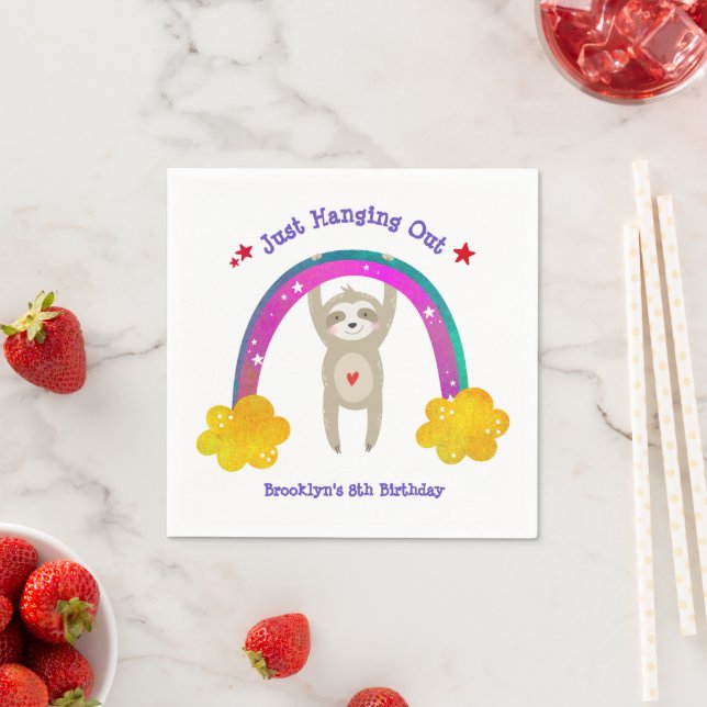 Guardanapo De Papel Sloth Boho Rainbow Birthday Cute Kawaii White Name (Insitu)