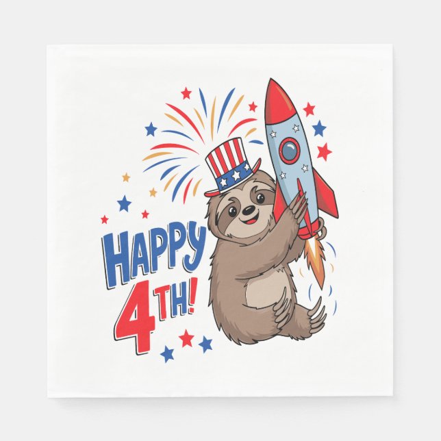 Guardanapo De Papel Sloth Happy 4th Rocket Fireworks EUA (Frente)