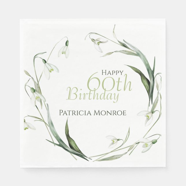Guardanapo De Papel Snowdrop 60th Birthday Watercolor Botanical Green  (Frente)