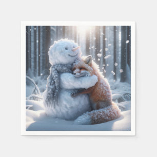 Guardanapo De Papel Snowman A Abraçar Uma Raposa