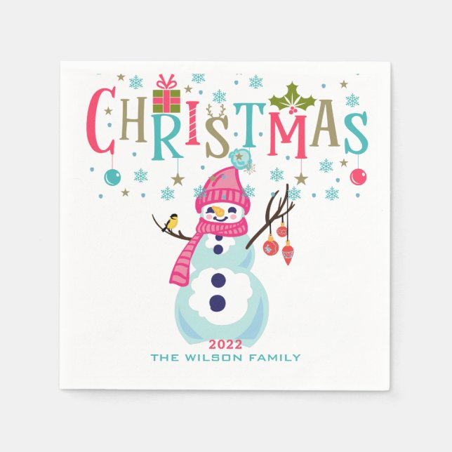 Guardanapo De Papel Snowman Christmas Turquoise Red Pink Personalizado (Frente)