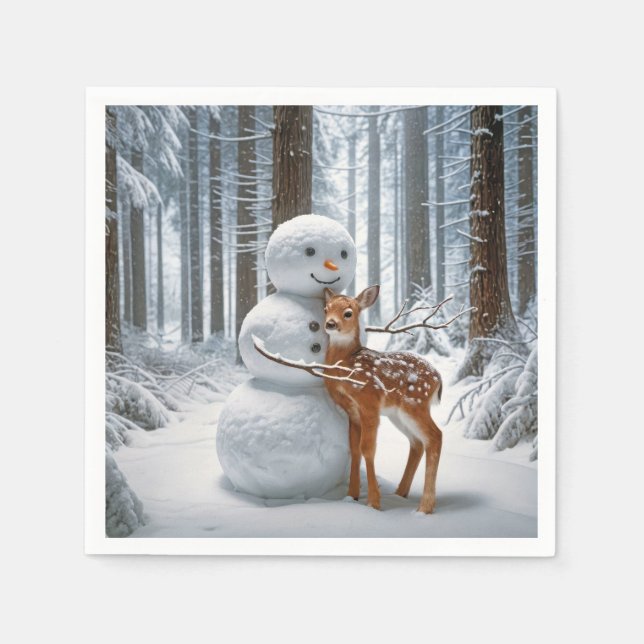 Guardanapo De Papel Snowman Hugging a Fawn (Frente)