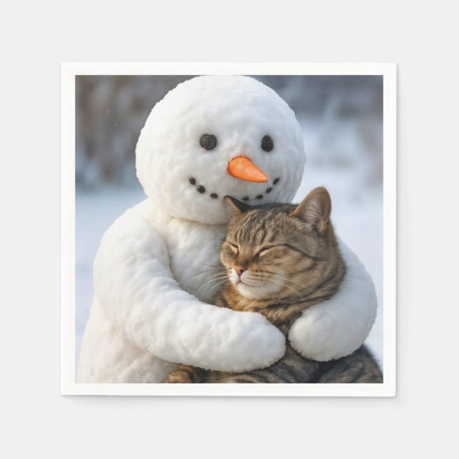 Guardanapo De Papel Snowman Hugging a Tabby Cat (Frente)