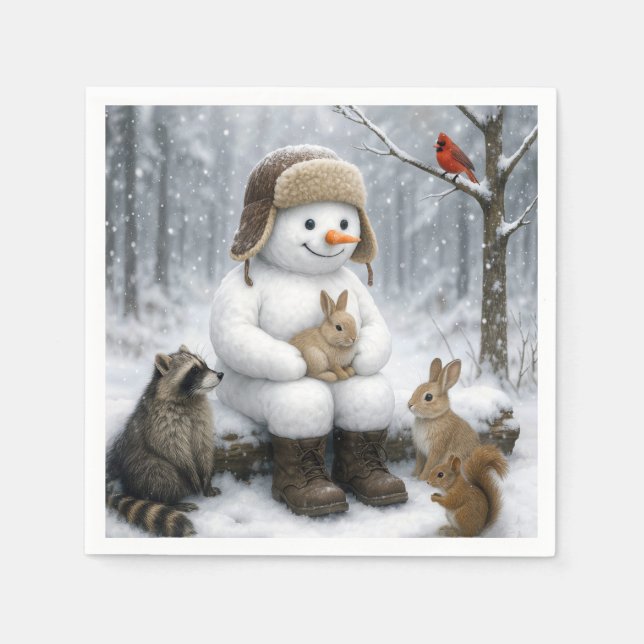 Guardanapo De Papel Snowman In Winter Woods With Animal Friends (Frente)