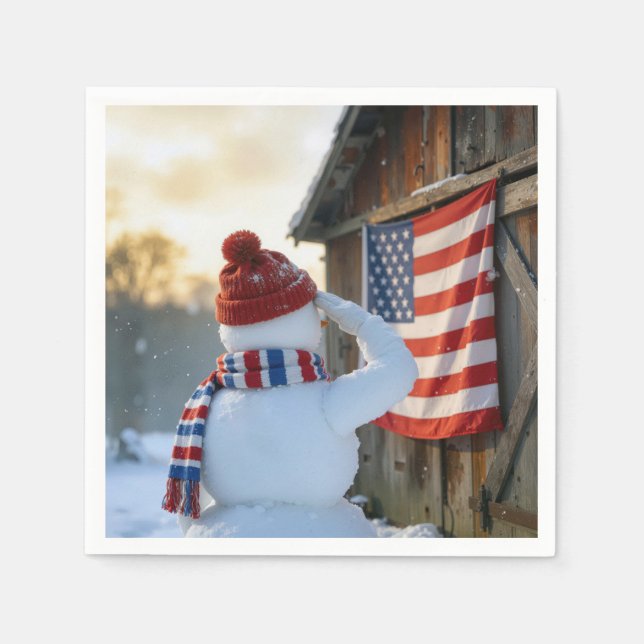 Guardanapo De Papel Snowman Saluting an American Flag (Frente)