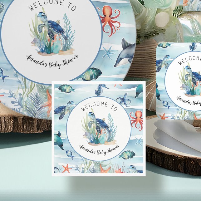 Guardanapo De Papel Sob o Chá de fraldas do Sea Blue Turtle Boy (Criador carregado)