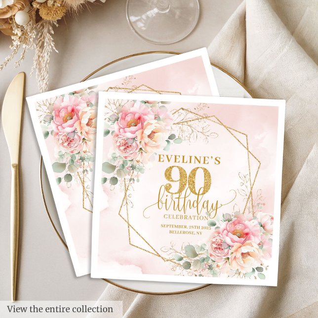 Guardanapo De Papel Sofisticado boho rosa floral aniversário de 90 ano (Sophisticated boho blush pink floral 90th birthday Napkins )
