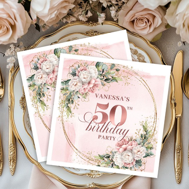 Guardanapo De Papel Soft Blush Rose Gold 50th Birthday Cocktail Napkin (Soft Blush Rose Gold 50th Birthday Cocktail Napkins)
