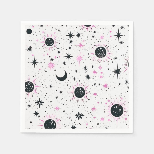 Guardanapo De Papel Sol Lua Estrelas Celestiais Preto e Rosa (Frente)