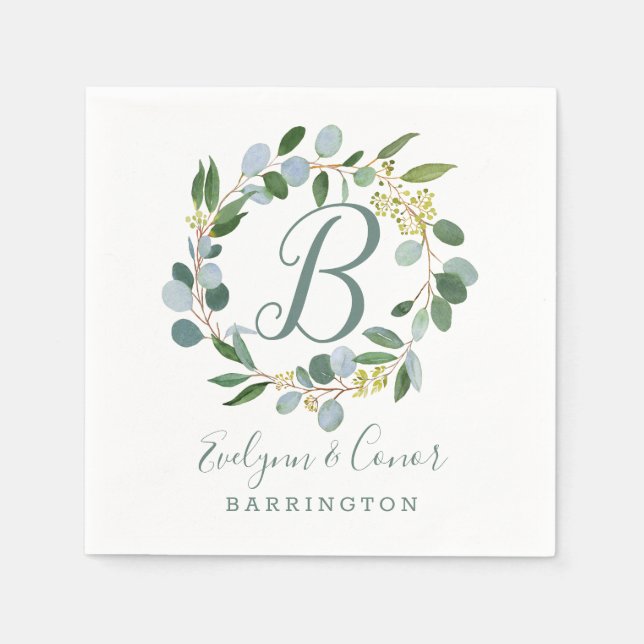 Guardanapo De Papel Solo verde de Casamento Monograma com eucalipto (Frente)