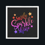 Guardanapo De Papel Sorria Brilhante Brilhante Preto Múltiplo Colorido<br><div class="desc">Um texto tipográfico multicolorido e na moda,  "Smile Sparkle Shine",  é decorado com estrelas.</div>