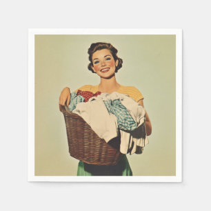 Guardanapo De Papel Sorrindo dona de casa com cesta de lavanderia