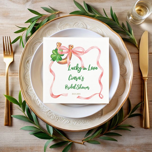 Guardanapo De Papel Sortuda no amor laço de fita trevo banho de noiva (Lucky in love clover leaf bow ribbon st Patrick day bridal shower monogrammed napkins)