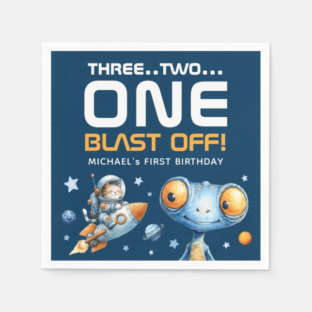 Guardanapo De Papel Space Rocket Launch Blast Off Cute 1st Birthday (Frente)