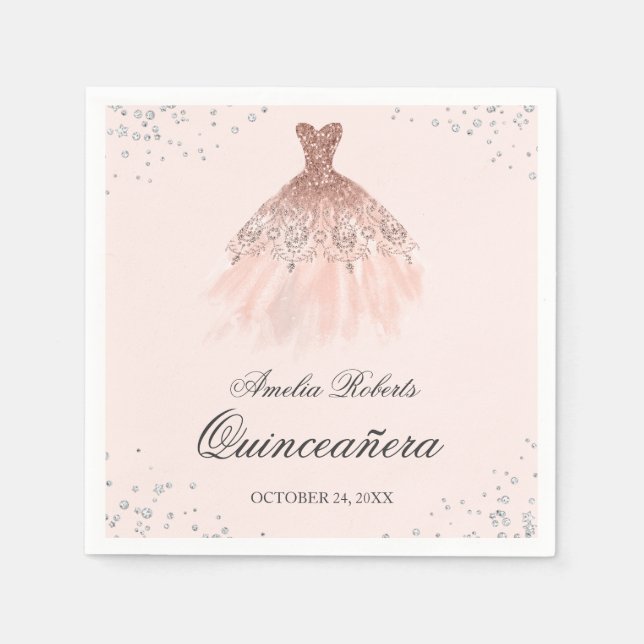 Guardanapo De Papel Sparkle Rosa de Vestido Dourado Quinceanera Napkin (Frente)