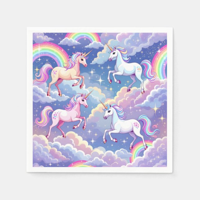 Guardanapo De Papel Sparkly rainbow and unicorns on clouds (Frente)