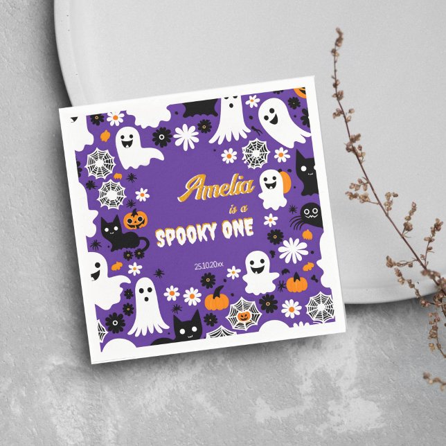 Guardanapo De Papel Spooky, um rancho de aniversário de Halloween retr (Spooky one Halloween birthday tableware personalized napkins purple cute ghosts retro daisy pumpkins)