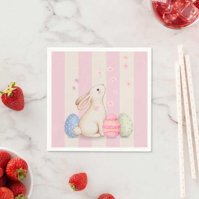 Guardanapo De Papel Spring Easter Bunny & Eggs Stripe Napkins (Insitu)