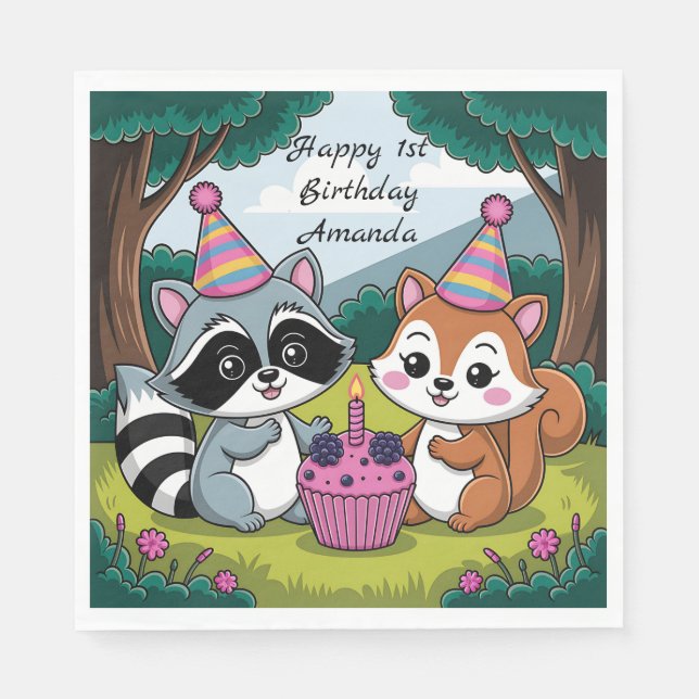 Guardanapo De Papel Squirrel and Raccoon cute Birthday (Frente)