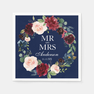 Guardanapo De Papel Sr. e Sra. Burgundy Floral Blue Wedding