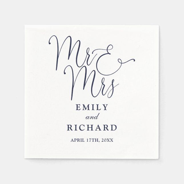 Guardanapo De Papel Sr. e Sra. Script Elegant Marinho Blue Wedding (Frente)
