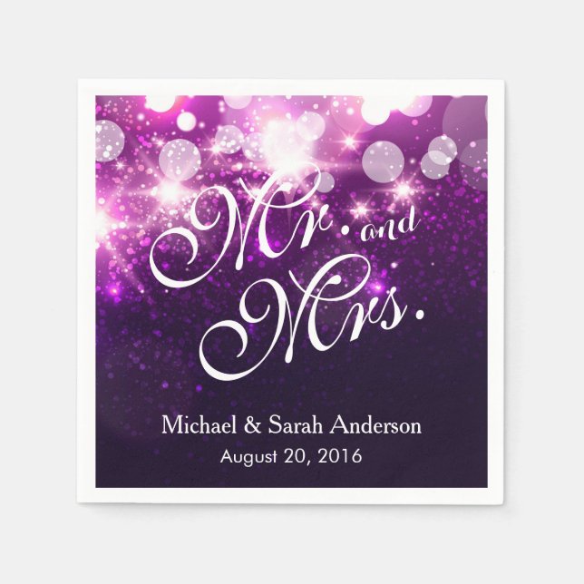 Guardanapo De Papel Sr. e Sra. Trendy Purple Glitter Sparkle Wedding (Frente)