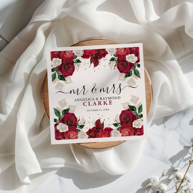 Guardanapo De Papel Sr. & Sra. Burgundy & White Floral Elegant Wedding (Criador carregado)