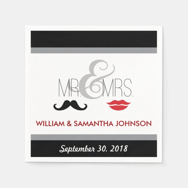 Guardanapo De Papel Sr. & Sra. Mustache e Lipstick Napkins (preto) (Frente)