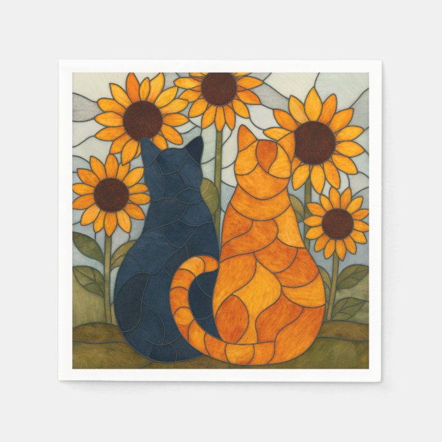 Guardanapo De Papel Stained Glass Cats and Sunflowers Art Design (Frente)