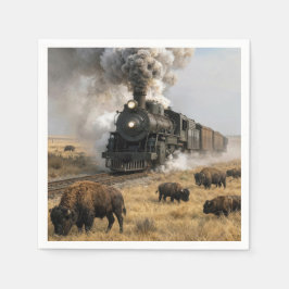 Guardanapo De Papel Steam Locomotive with Grazing Buffalo