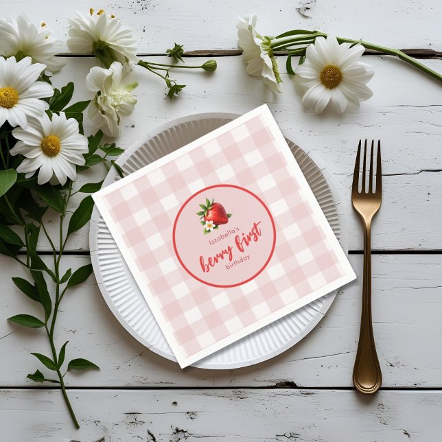 Guardanapo De Papel Strawberry Berry First primeiro aniversario Paper  (Strawberry Berry First first birthday party paper napkins)